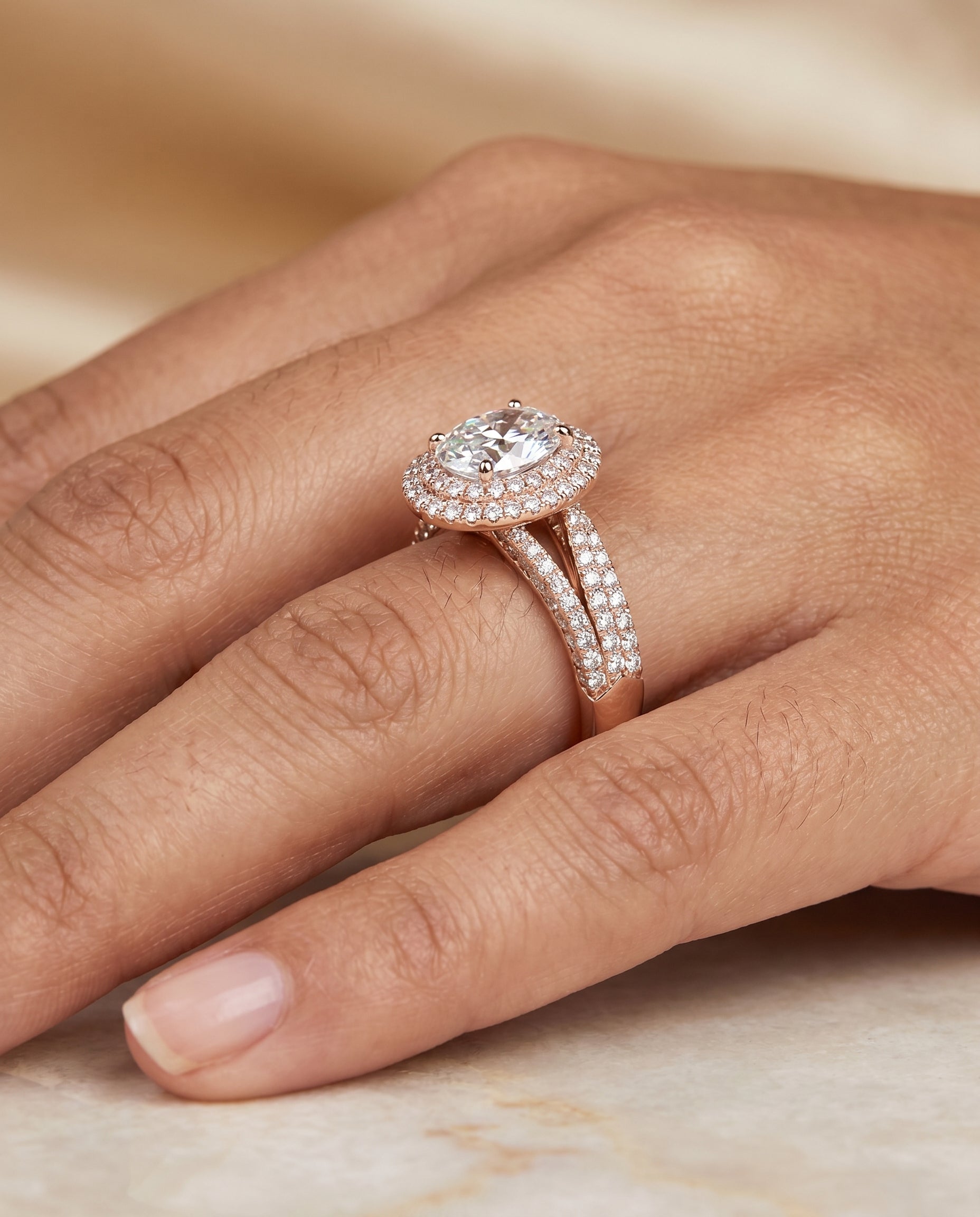 The Mariah engagement ring setting in 14K Rose Gold, three tier halo crown design | RockHer
