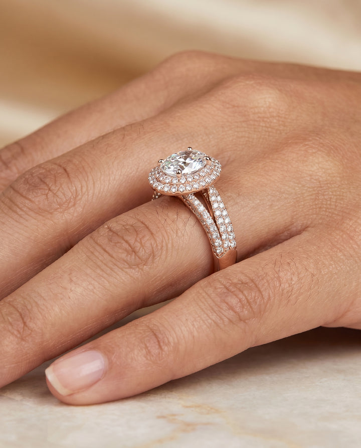 The Mariah Halo Engagement Ring Setting for Oval Diamonds in 14K Rose Gold