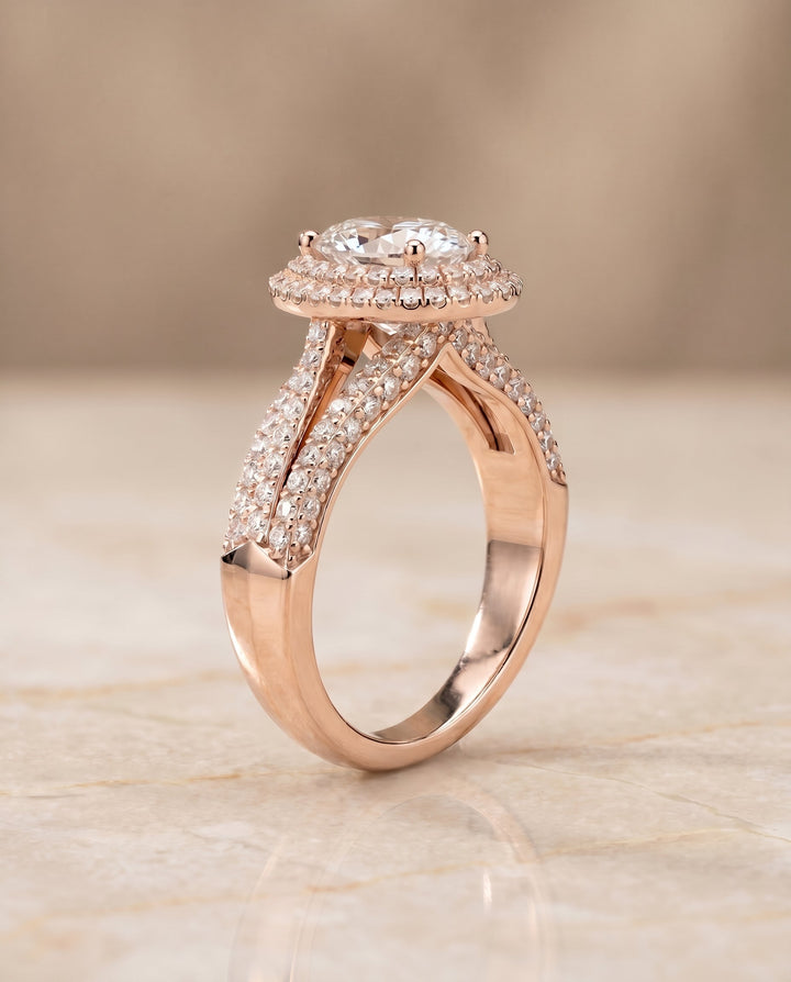 Mariah Select Halo Oval Lab Diamond Engagement Ring in 14K Rose Gold, side view | RockHer