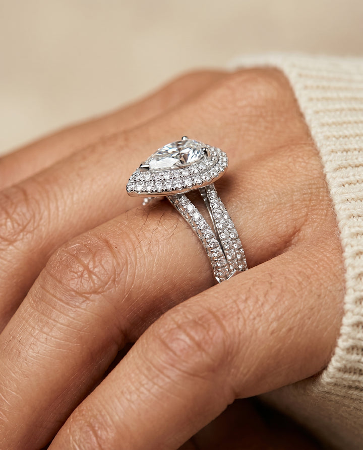 The Mariah Halo Engagement Ring Setting for Pear Diamonds in 18K White Gold