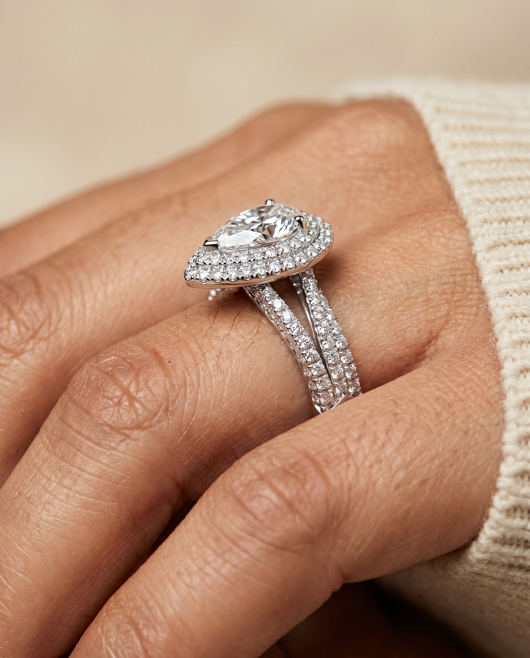 Mariah Select Halo Pear Lab Diamond Engagement Ring in Platinum, shown on hand | RockHer