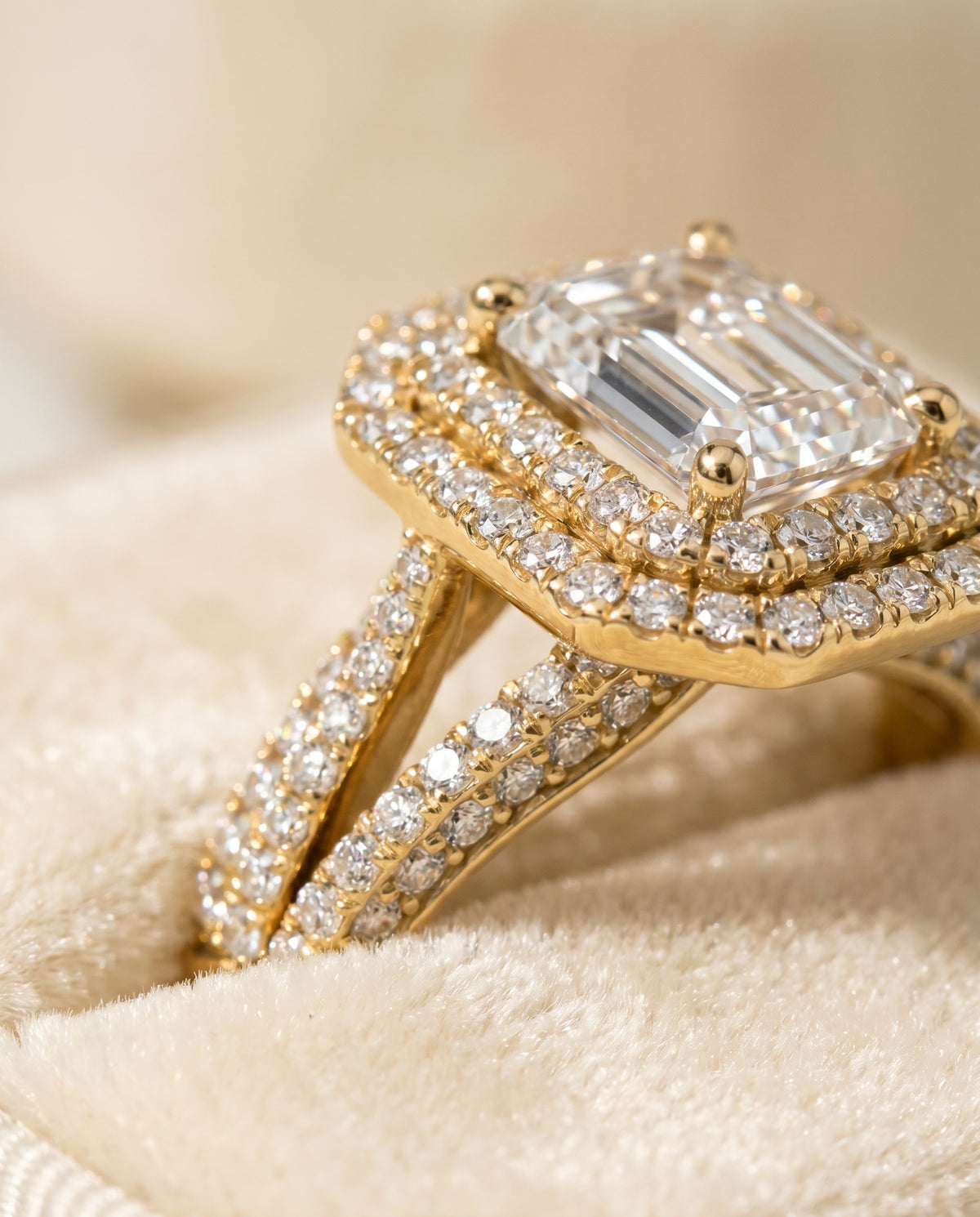 18K Yellow Gold band of The Mariah emerald engagement ring setting | RockHer