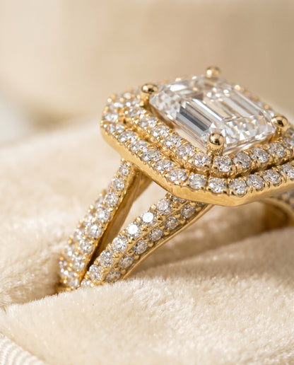 The Mariah Three Tier Halo Crown Emerald Cut Engagement Ring Setting in 18K Yellow Gold