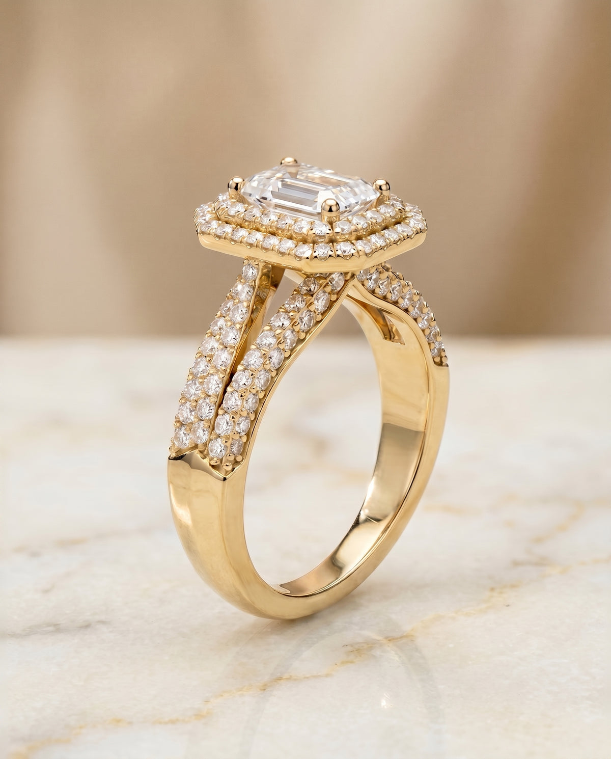Three Tier Halo Crown Cut styling on The Mariah emerald engagement ring setting | RockHer