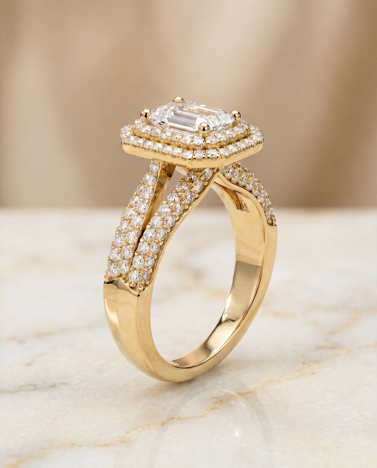 Mariah Select Halo Emerald Cut Lab Diamond Engagement Ring in 18K Yellow Gold, front view | RockHer