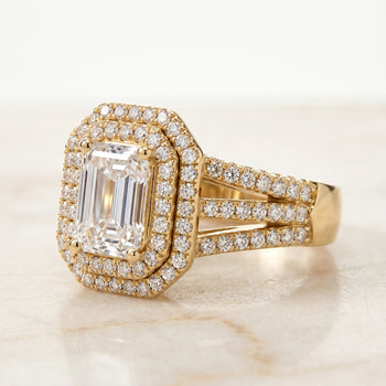 The Mariah Three Tier Halo Crown Emerald Cut Engagement Ring Setting in 18K Yellow Gold