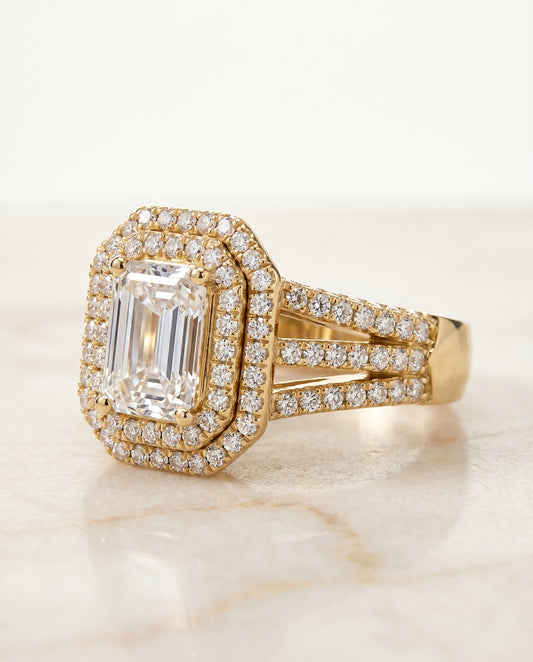 The Mariah Pavé Halo Engagement Ring Setting for Emerald Cut Diamonds in 18K Yellow Gold