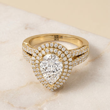 The Mariah Three Tier Halo Crown Pear Engagement Ring Setting in 18K Yellow Gold