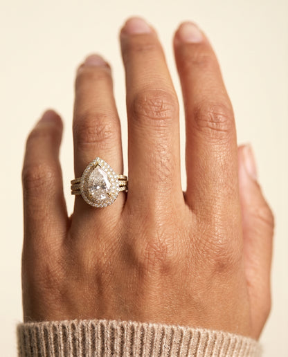 The Mariah Three Tier Halo Crown Pear Engagement Ring Setting in 18K Yellow Gold