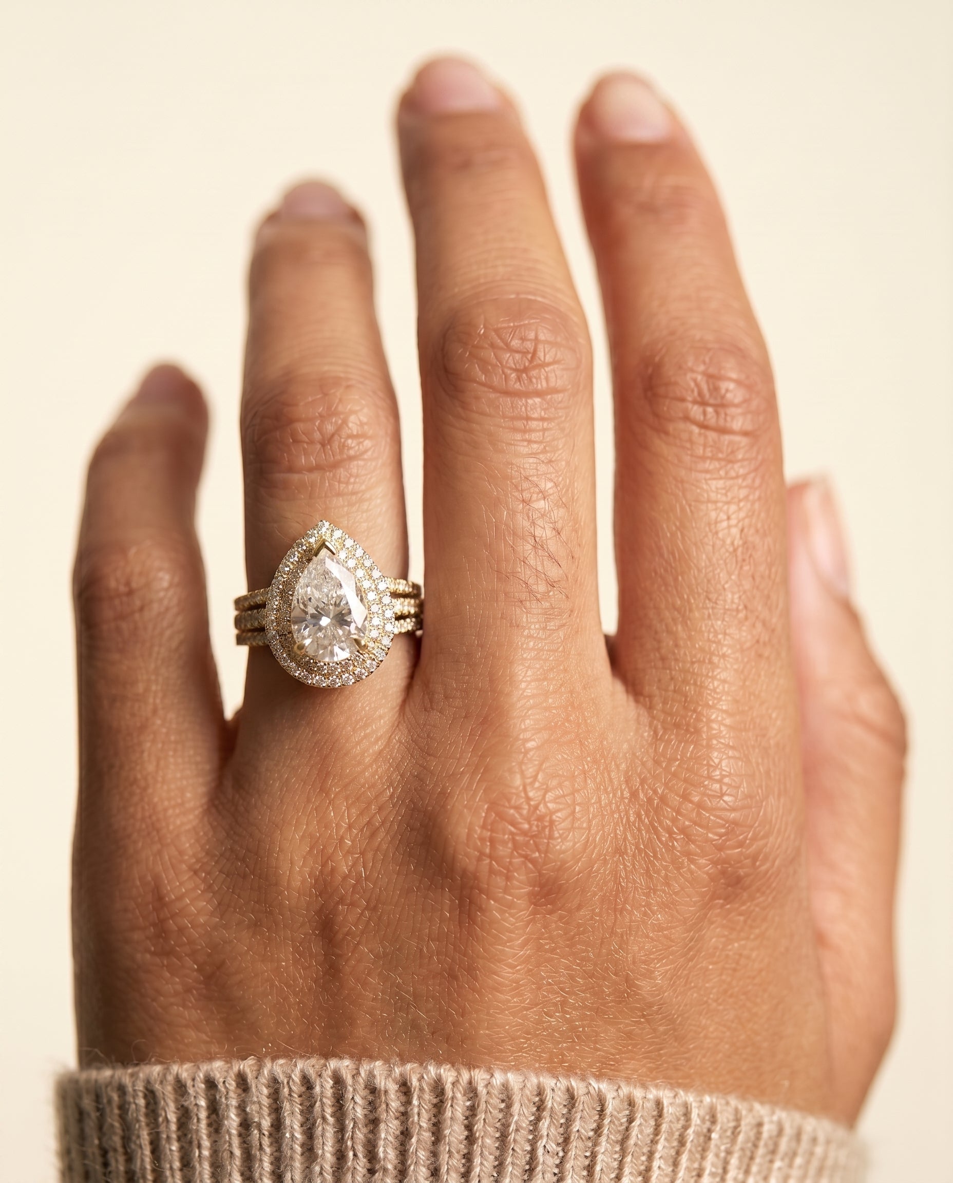 Mariah Select Halo Pear Lab Diamond Engagement Ring in 18K Yellow Gold, shown on hand | RockHer