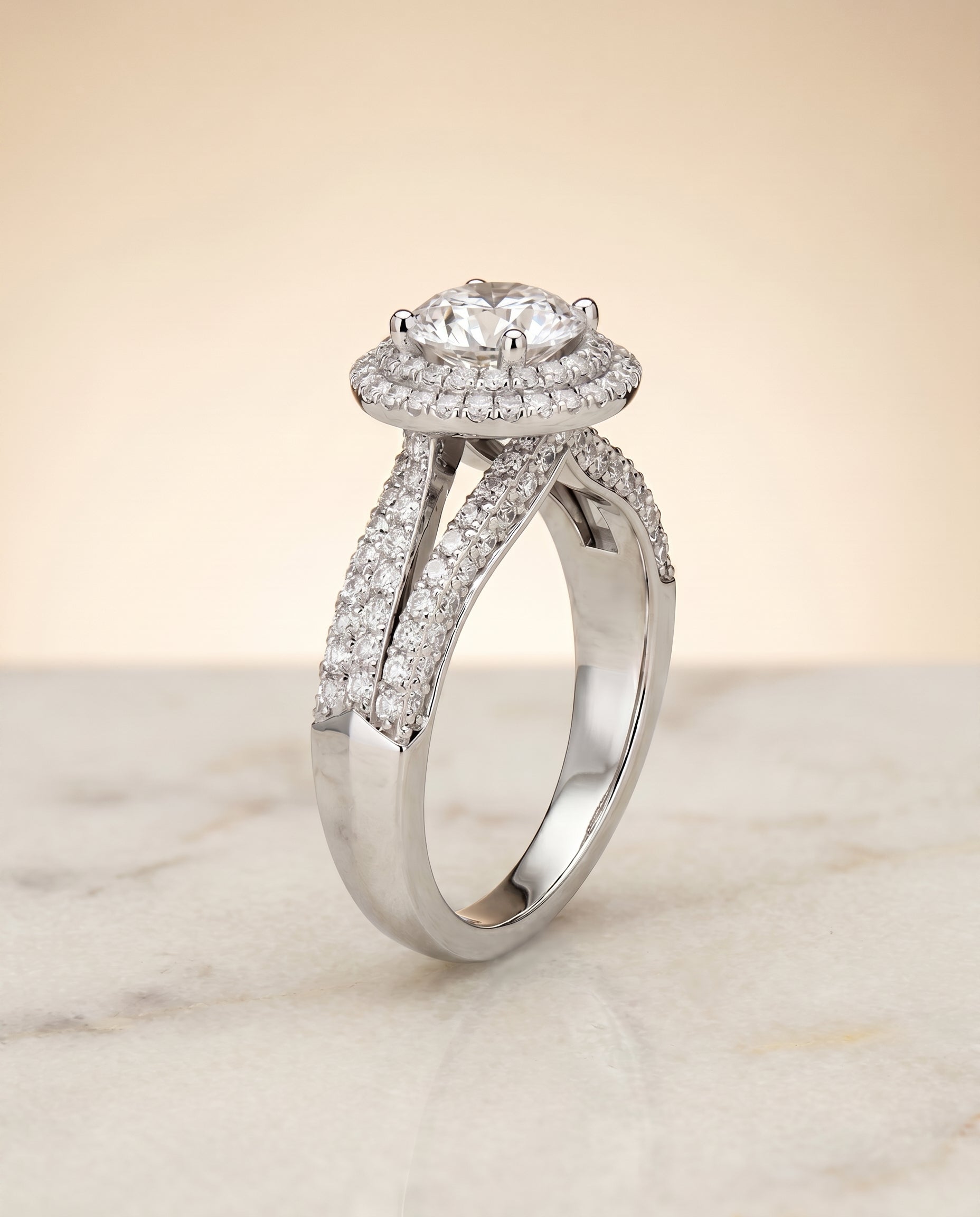 Three Tier Halo Crown styling on The Mariah round engagement ring setting | RockHer
