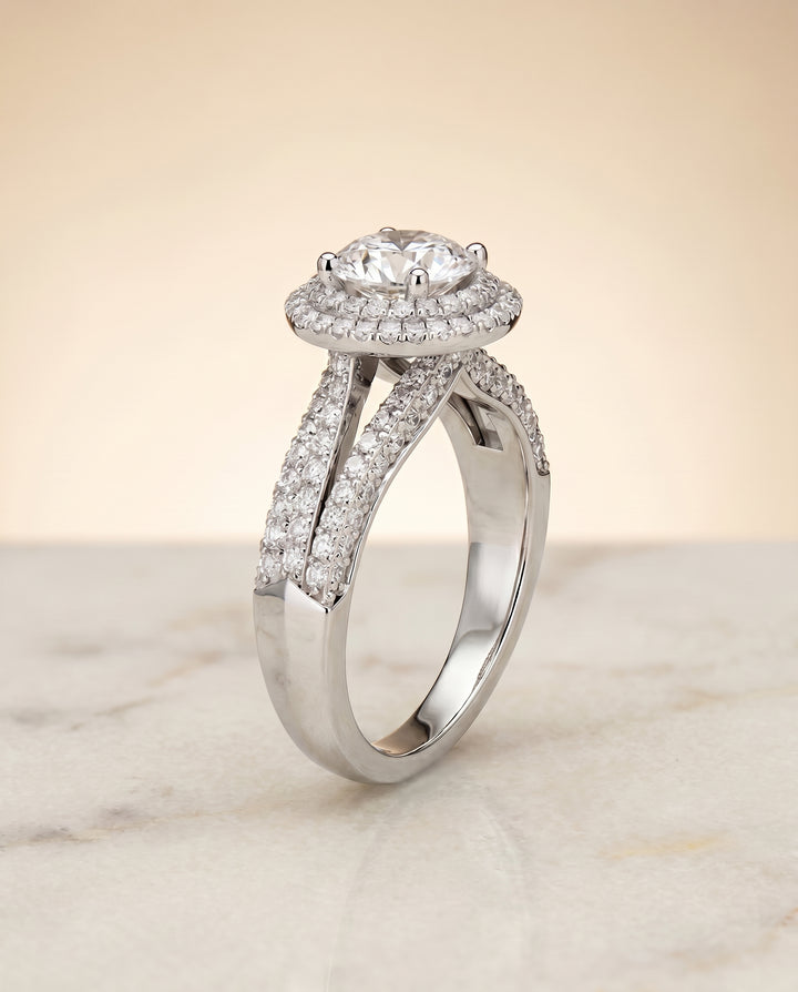 The Mariah Pavé Halo Engagement Ring Setting for Round Diamonds in Platinum