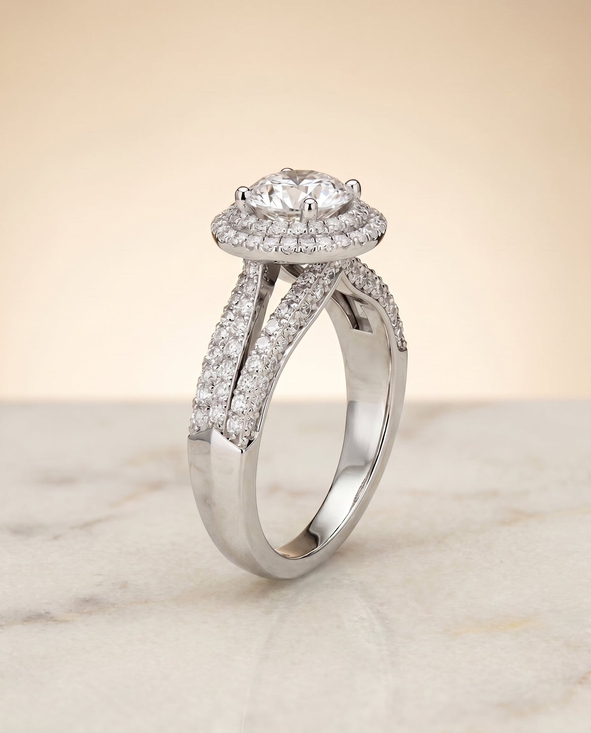 Mariah Select Halo Round Lab Diamond Engagement Ring in 18K White Gold, front view | RockHer