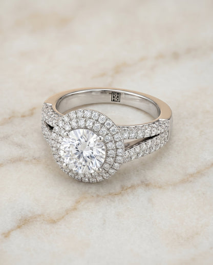 Mariah Select Halo Round Lab Diamond Engagement Ring in Platinum, shown on hand, angled | RockHer