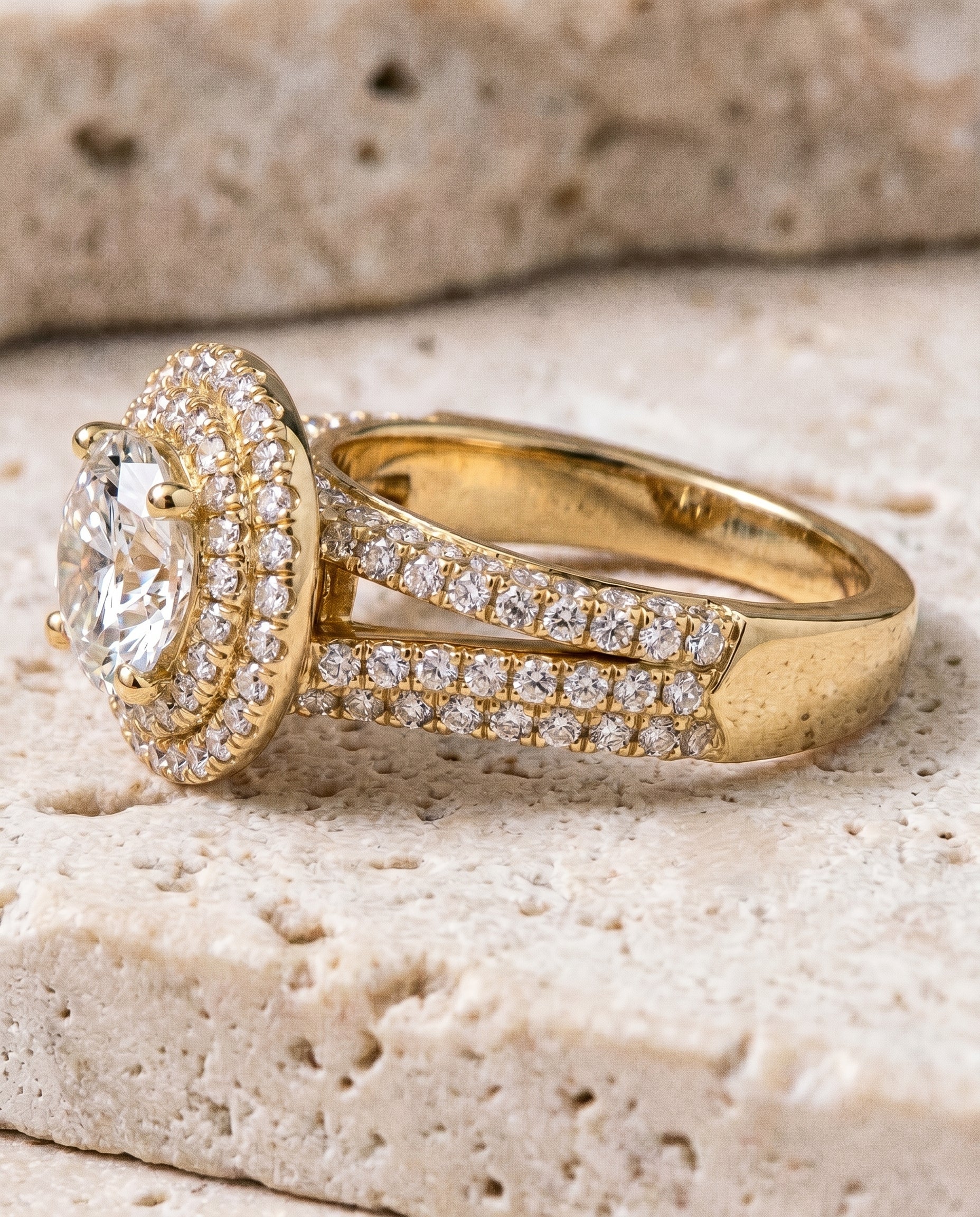 Mariah Select Three Tier Halo Crown Round Lab Diamond Engagement Ring in 18K Yellow Gold, detail view | RockHer
