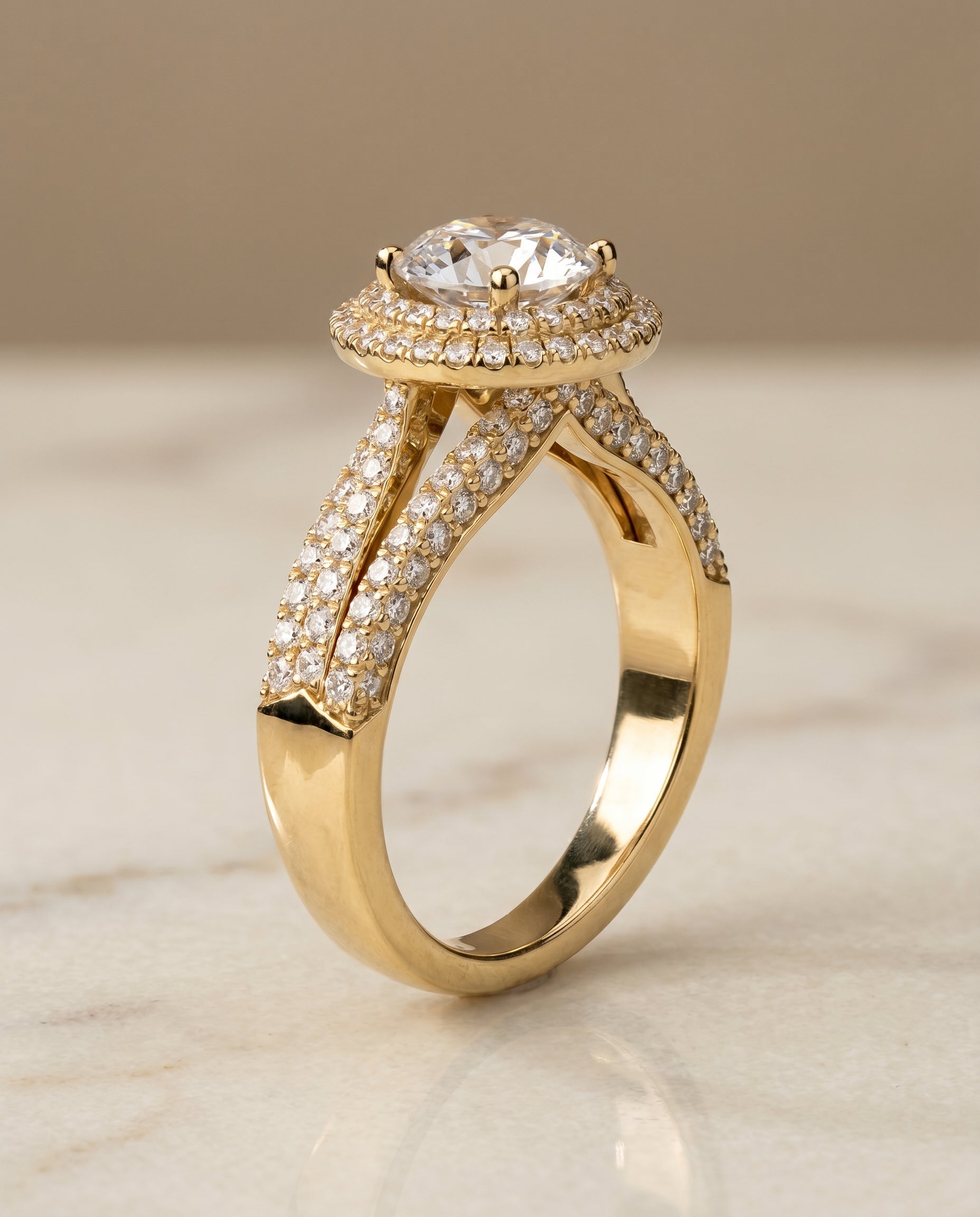Mariah Select Three Tier Halo Crown Round Lab Diamond Engagement Ring in 18K Yellow Gold, front view | RockHer