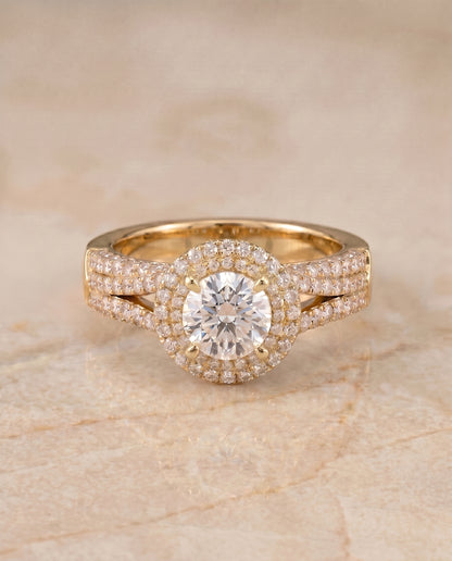 The Mariah Three Tier Halo Crown Round Engagement Ring Setting in 18K Yellow Gold