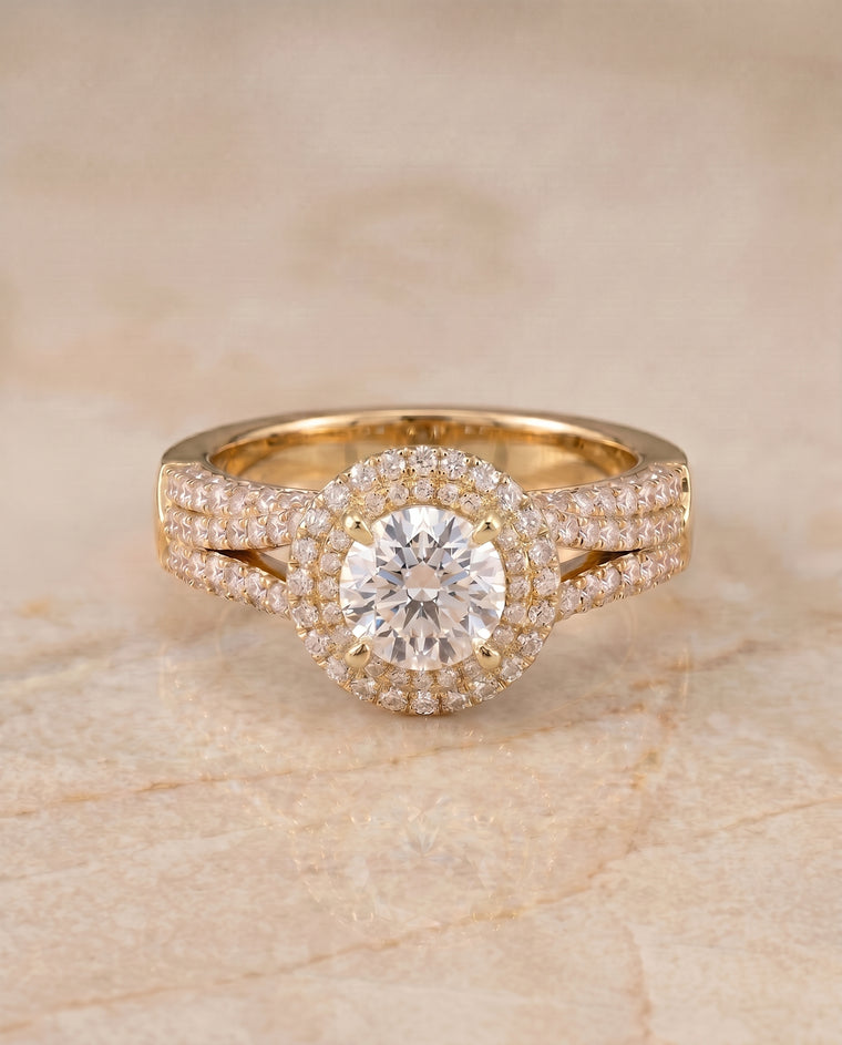 The Mariah Three Tier Halo Crown Round Engagement Ring Setting in 18K Yellow Gold