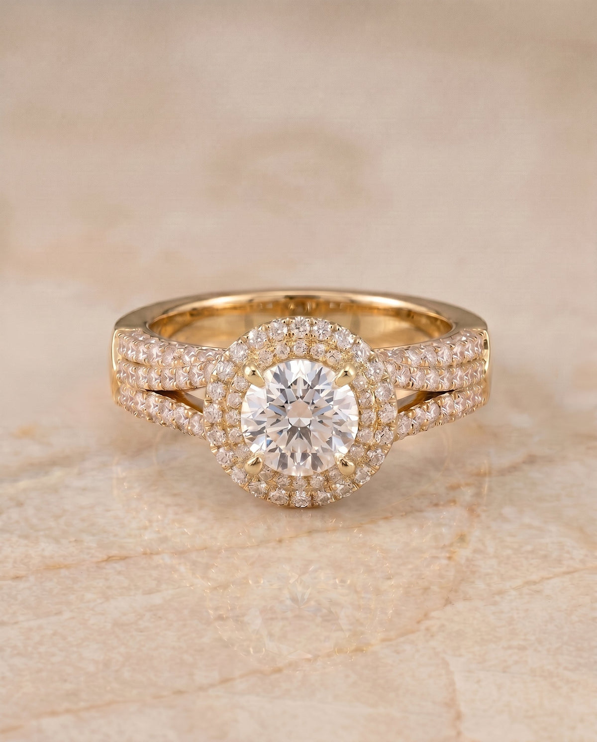 Mariah Select Three Tier Halo Crown Round Lab Diamond Engagement Ring in 18K Yellow Gold, shown on hand, angled | RockHer
