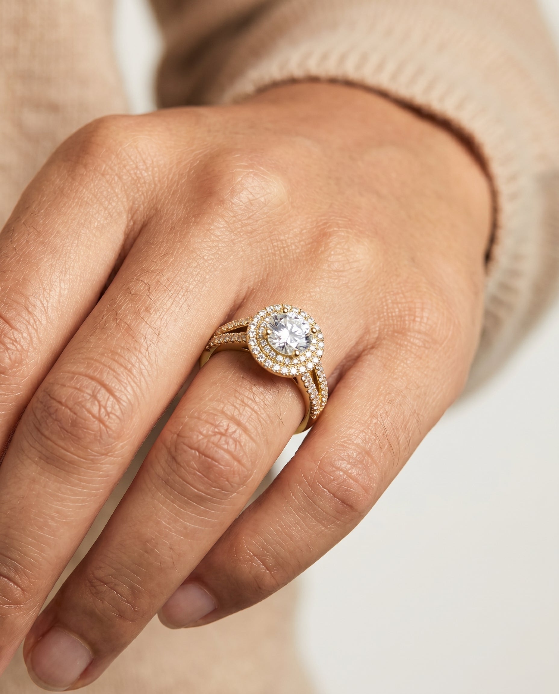 Mariah Select Three Tier Halo Crown Round Lab Diamond Engagement Ring in 18K Yellow Gold, shown on hand | RockHer