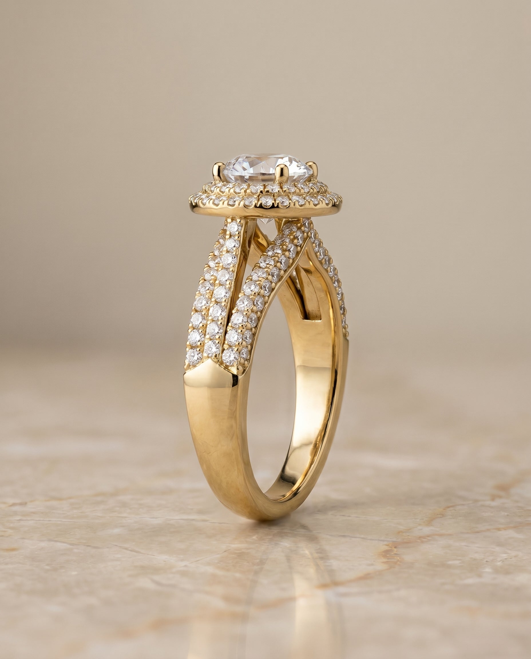 Mariah Select Three Tier Halo Crown Round Lab Diamond Engagement Ring in 18K Yellow Gold, side view | RockHer