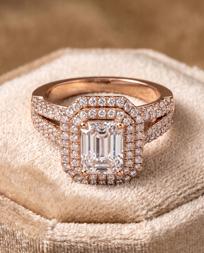 The Mariah Three Tier Halo Crown Emerald Cut Engagement Ring Setting in 14K Rose Gold