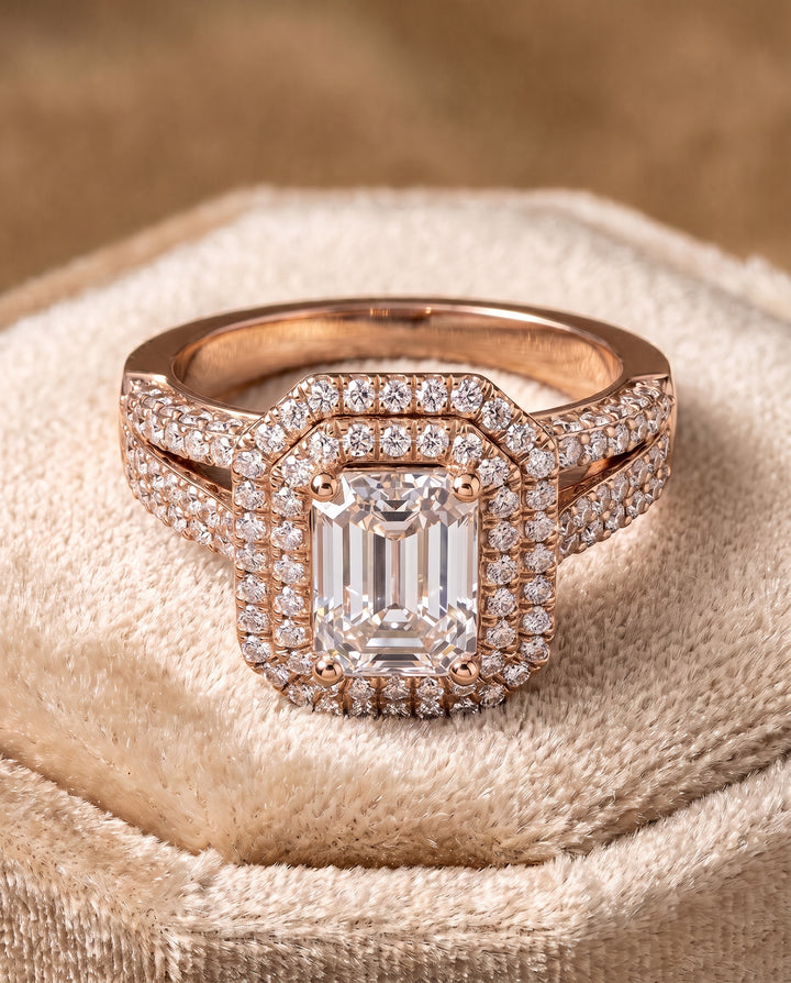 The Mariah Three Tier Halo Crown Emerald Cut Engagement Ring Setting in 14K Rose Gold