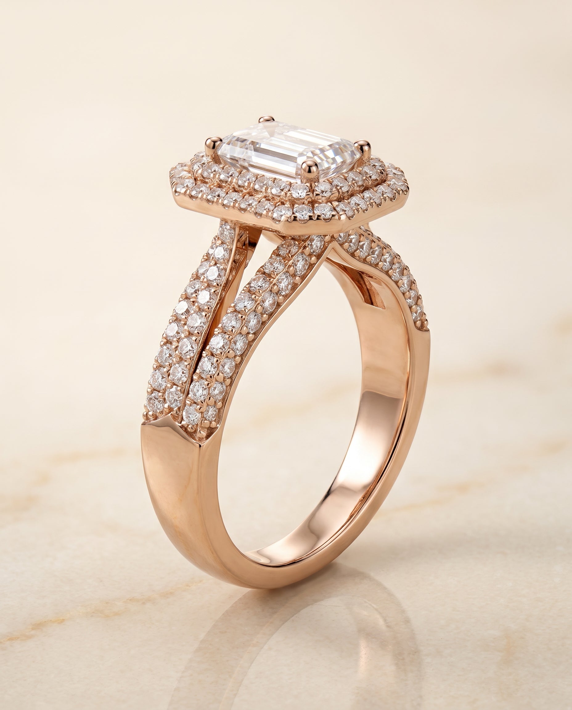 Three Tier Halo Crown Cut styling on The Mariah emerald engagement ring setting | RockHer