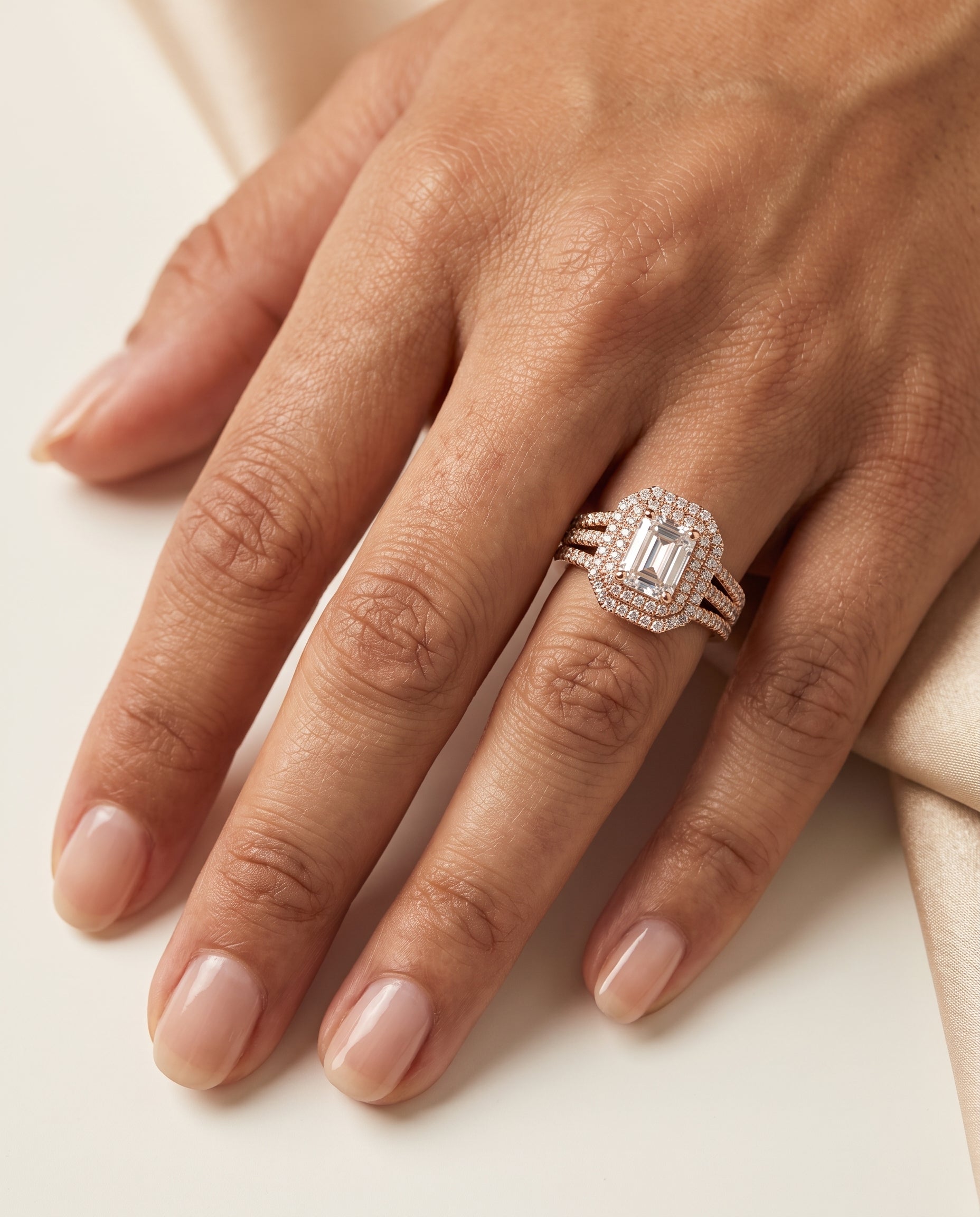 The Mariah engagement ring setting in 14K Rose Gold, three tier halo crown cut design | RockHer