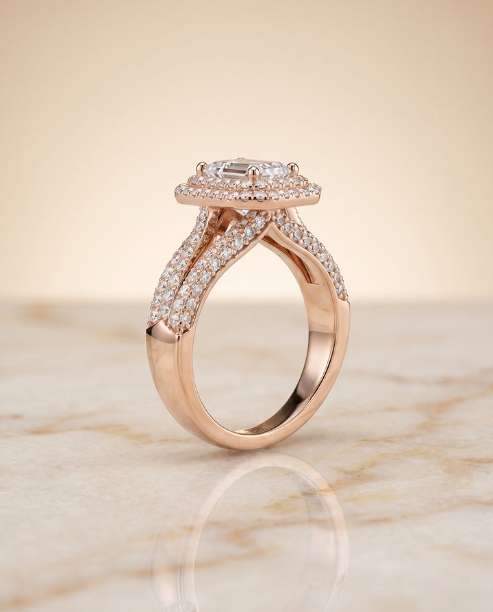 The Mariah Three Tier Halo Crown Emerald Cut Engagement Ring Setting in 14K Rose Gold