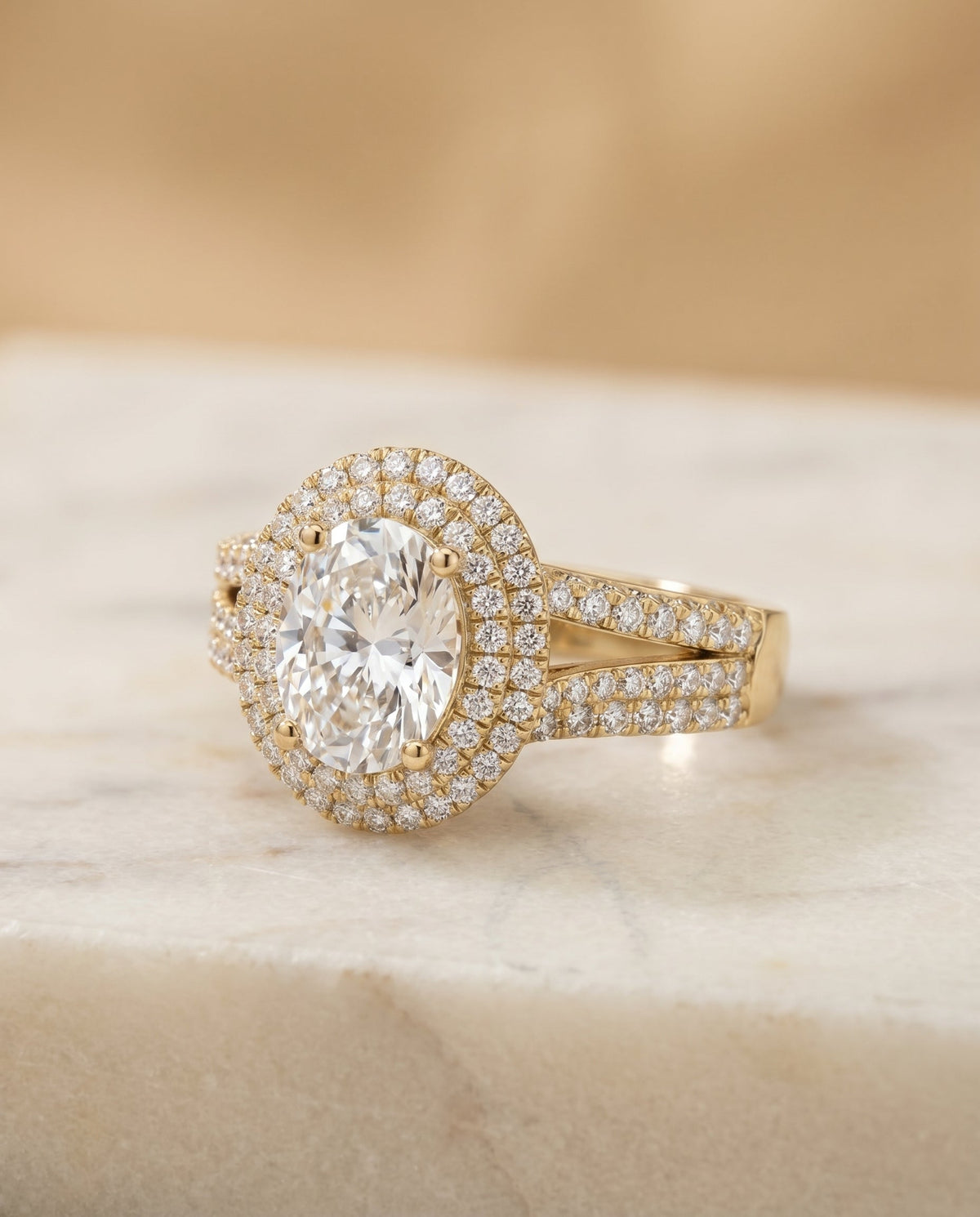 Mariah Select Three Tier Halo Crown Oval Lab Diamond Engagement Ring in 18K Yellow Gold, alternate angle | RockHer
