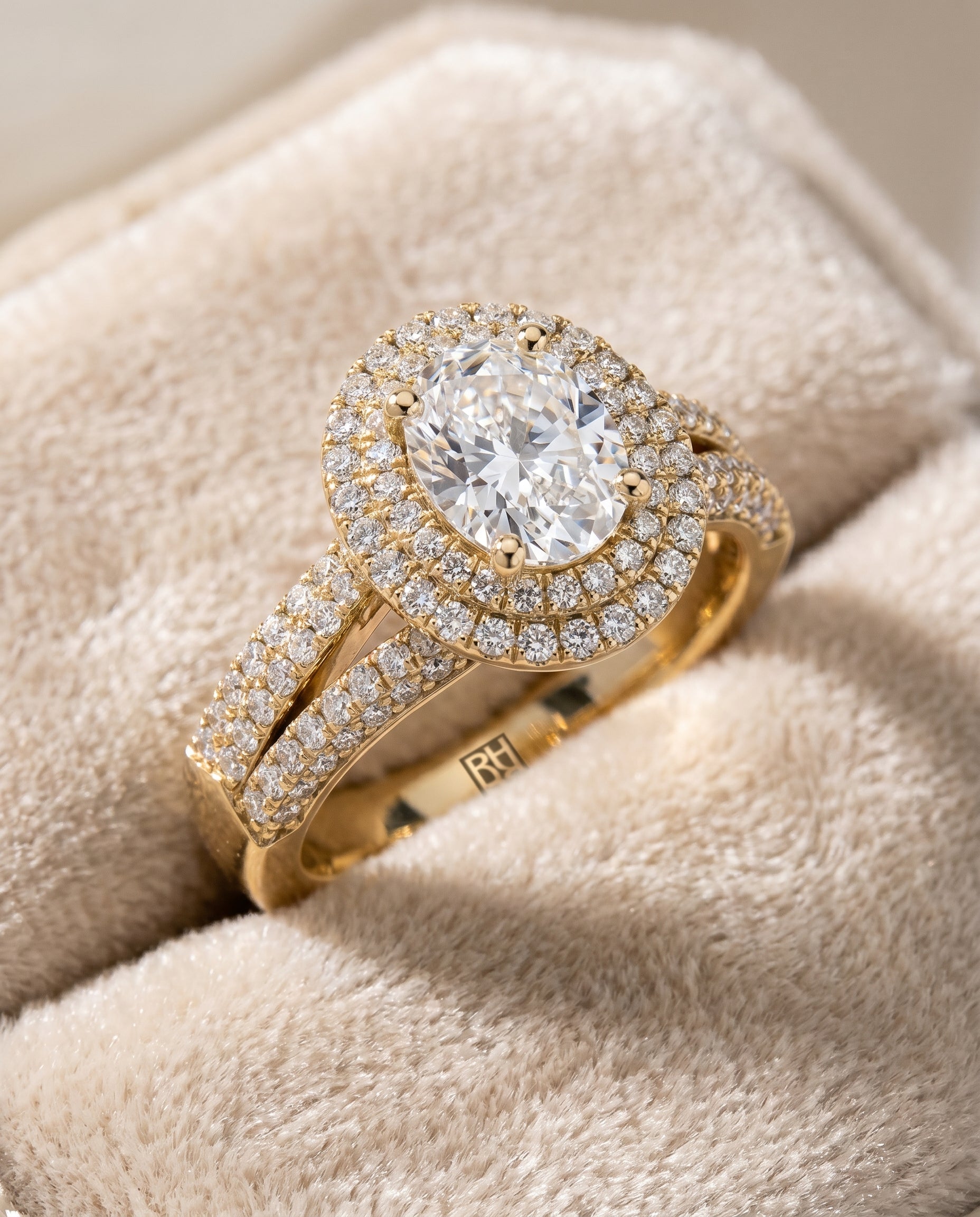 Mariah Select Three Tier Halo Crown Oval Lab Diamond Engagement Ring in 18K Yellow Gold, detail view | RockHer