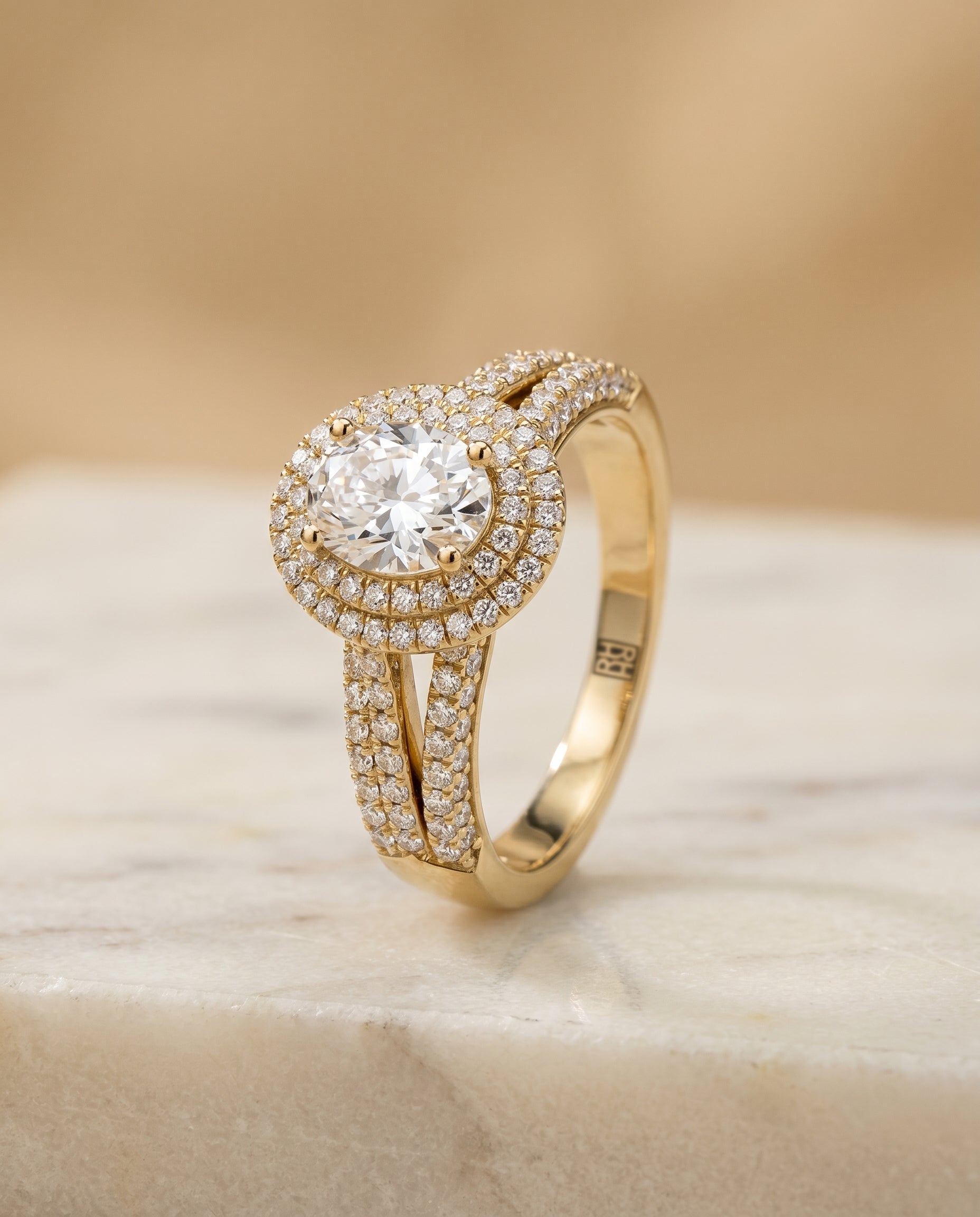 Mariah Select Three Tier Halo Crown Oval Lab Diamond Engagement Ring in 18K Yellow Gold, front view | RockHer
