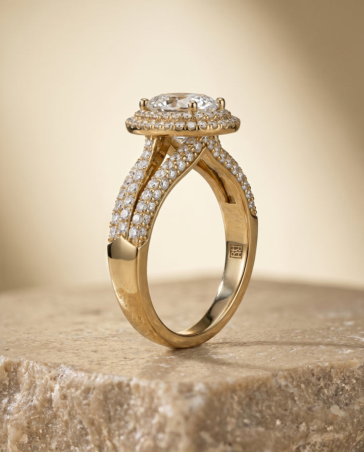The Mariah Halo Engagement Ring Setting for Oval Diamonds in 18K Yellow Gold