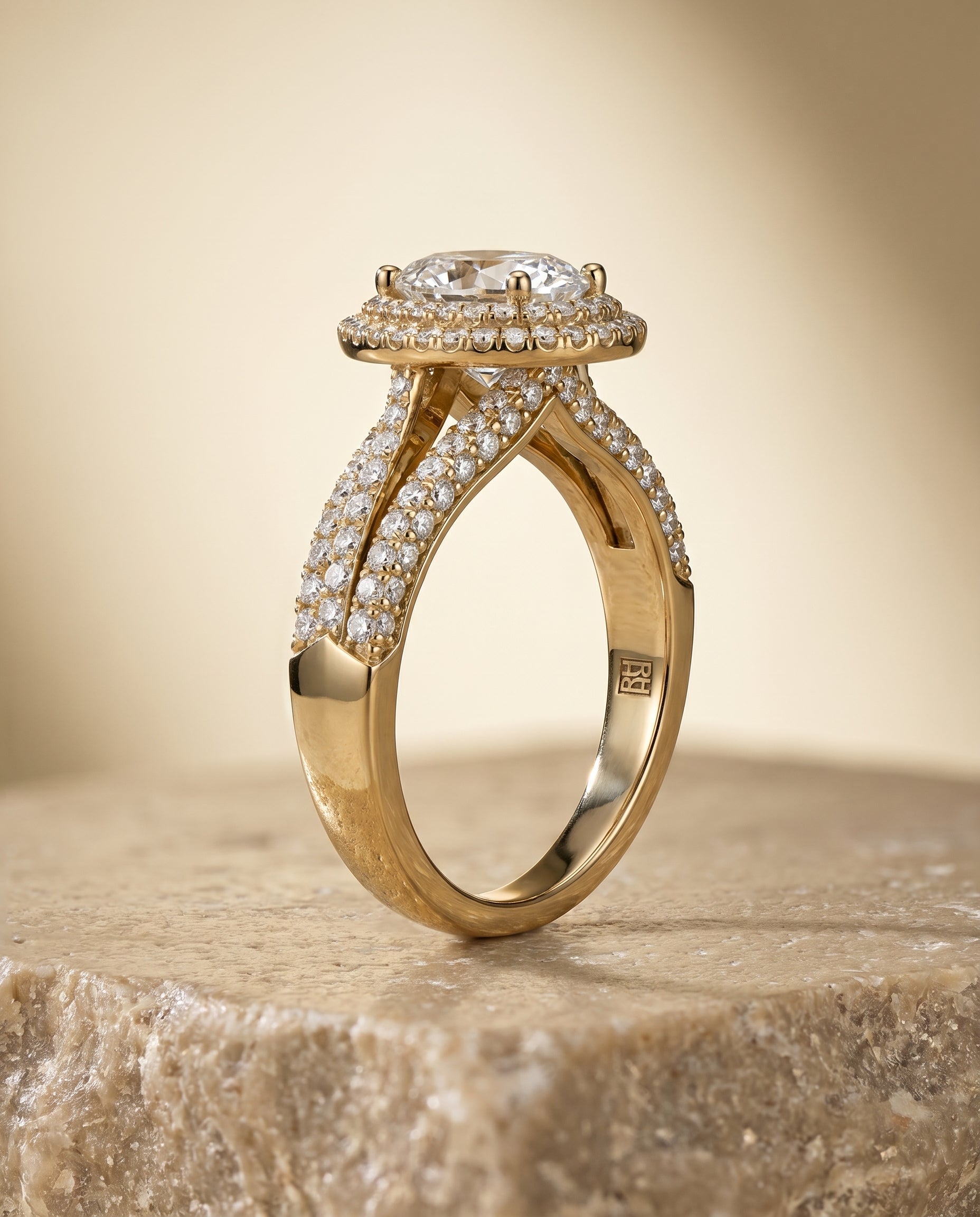 Mariah Select Three Tier Halo Crown Oval Lab Diamond Engagement Ring in 18K Yellow Gold, side view | RockHer