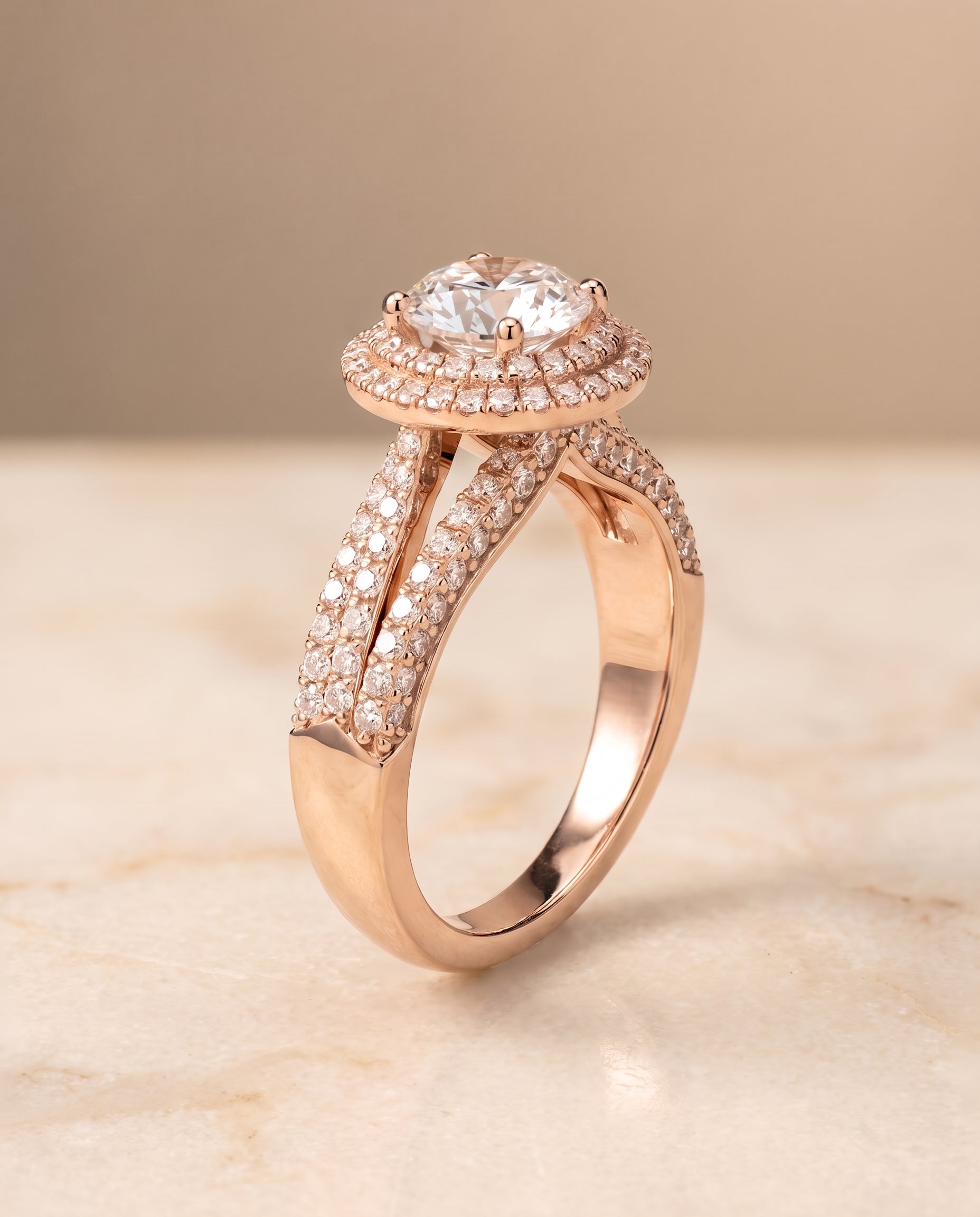Three Tier Halo Crown styling on The Mariah round engagement ring setting | RockHer