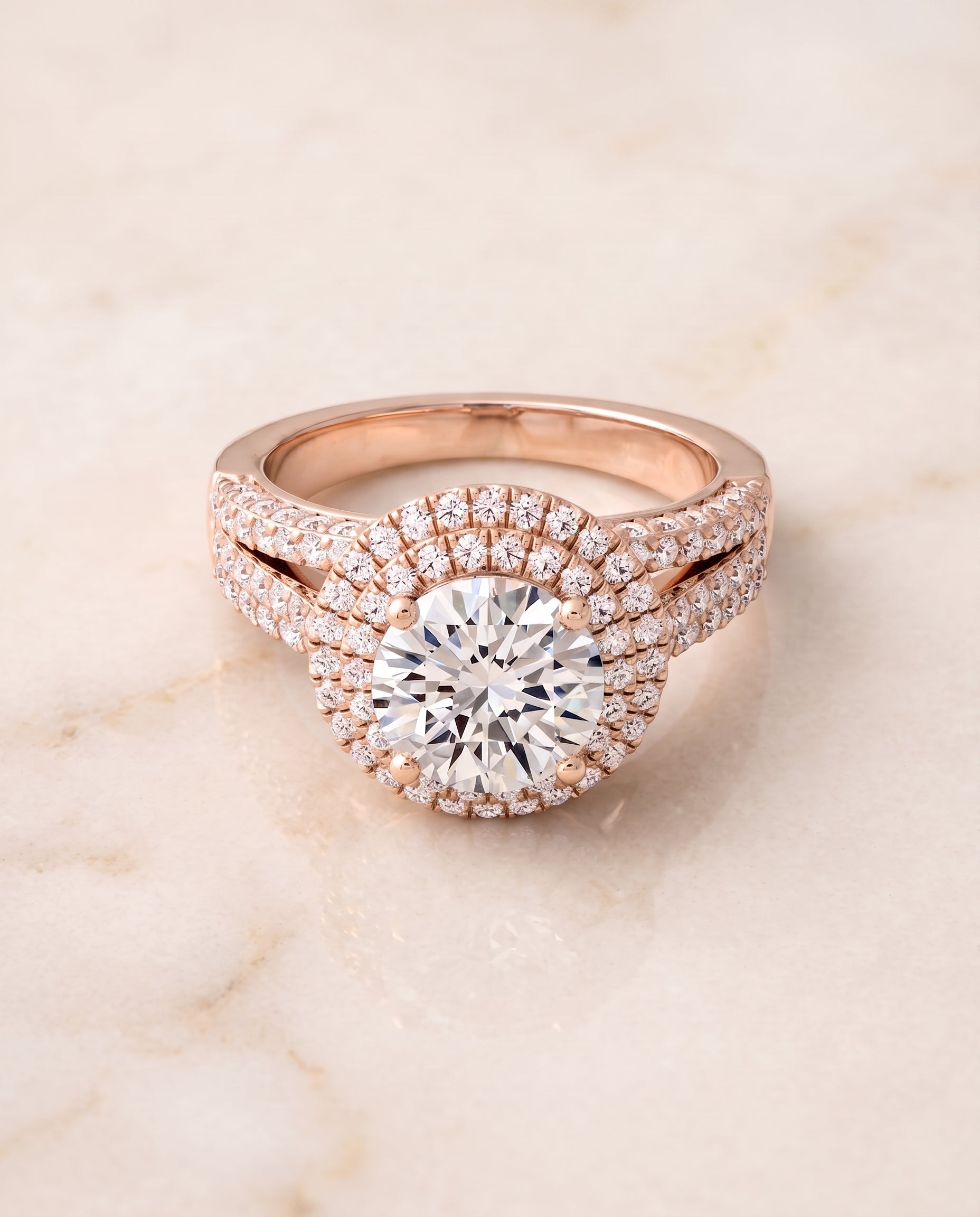 The Mariah Three Tier Halo Crown Round Engagement Ring Setting in 14K Rose Gold