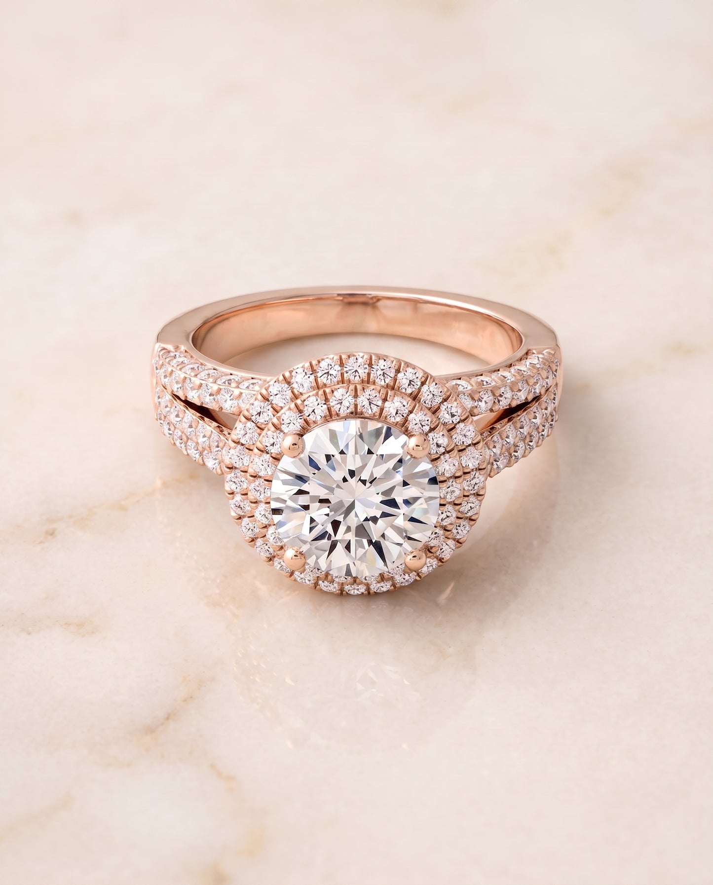 The Mariah Three Tier Halo Crown Round Engagement Ring Setting in 14K Rose Gold
