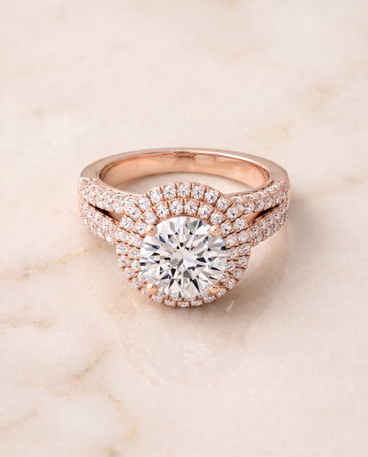 The Mariah Three Tier Halo Crown Round Engagement Ring Setting in 14K Rose Gold
