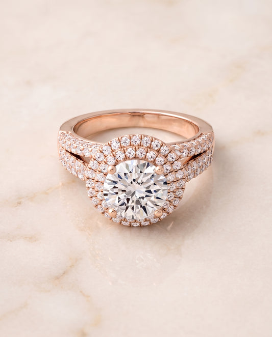 The Mariah Three Tier Halo Crown Round Engagement Ring Setting in 14K Rose Gold