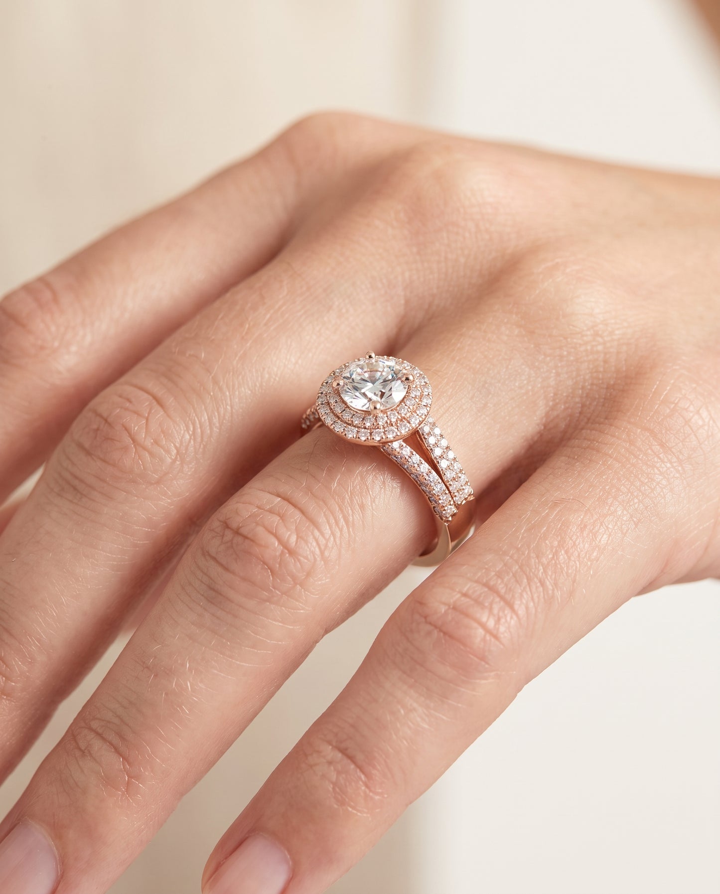 The Mariah Three Tier Halo Crown Round Engagement Ring Setting in 14K Rose Gold