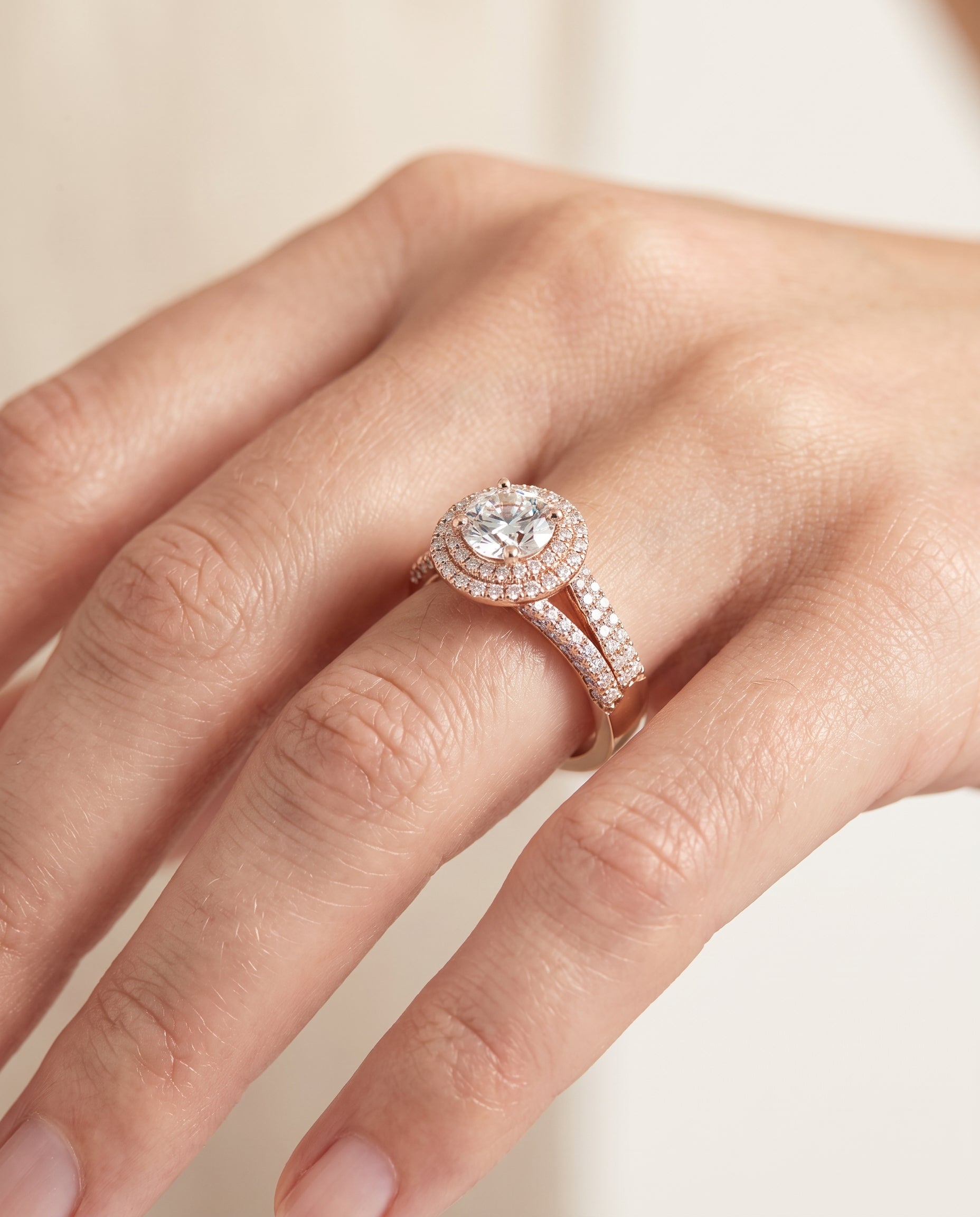 The Mariah engagement ring setting in 14K Rose Gold, three tier halo crown design | RockHer