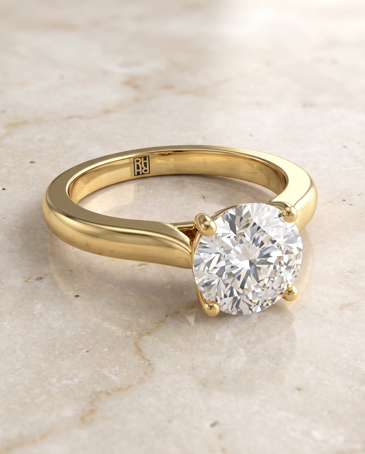 The Mary Comfort Fit Cathedral Solitaire Round Engagement Ring Setting in 18K Yellow Gold