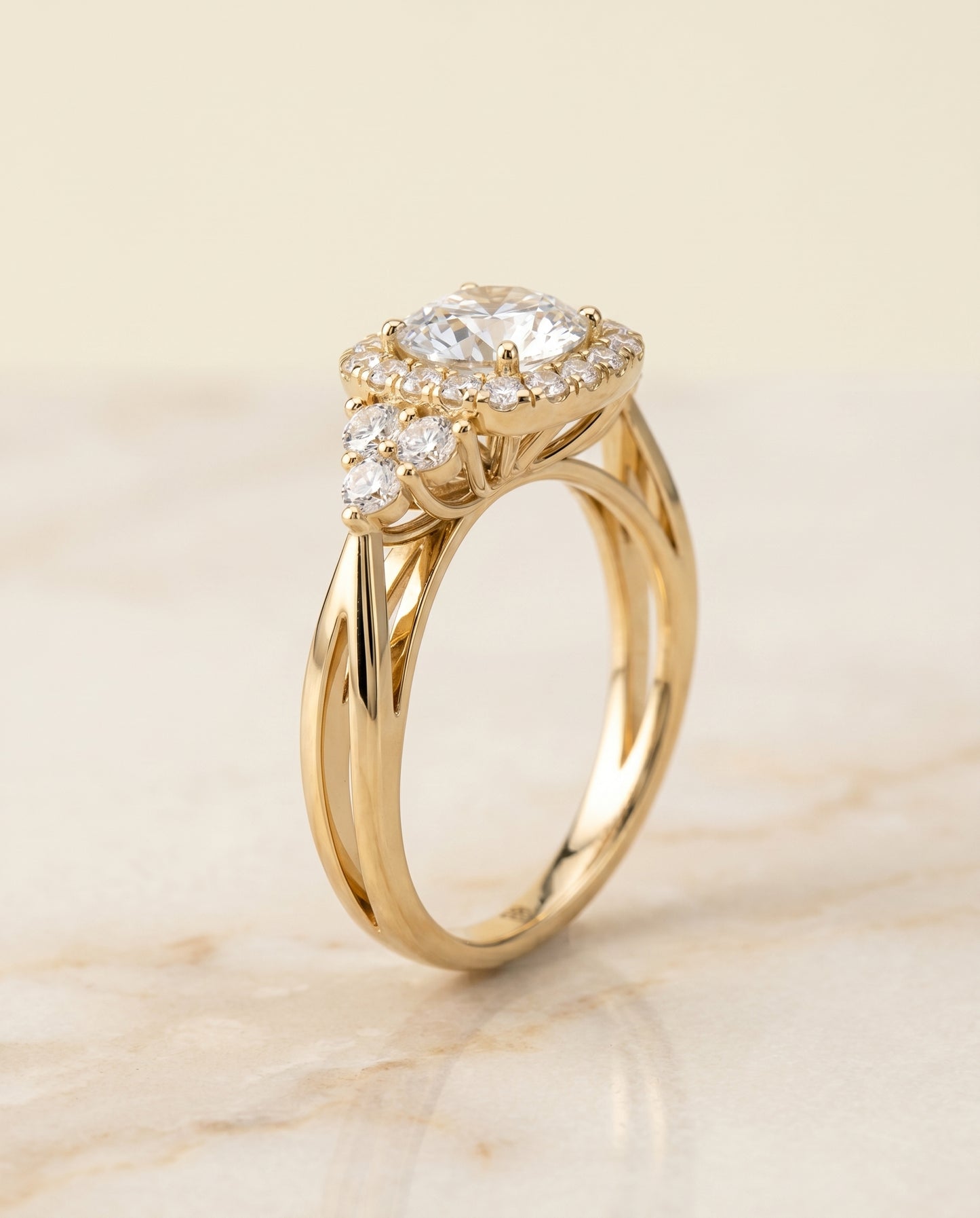 Round Brilliant, Open Twisted Triple Halo, in 18K Yellow Gold, pave setting – angled view | RockHer