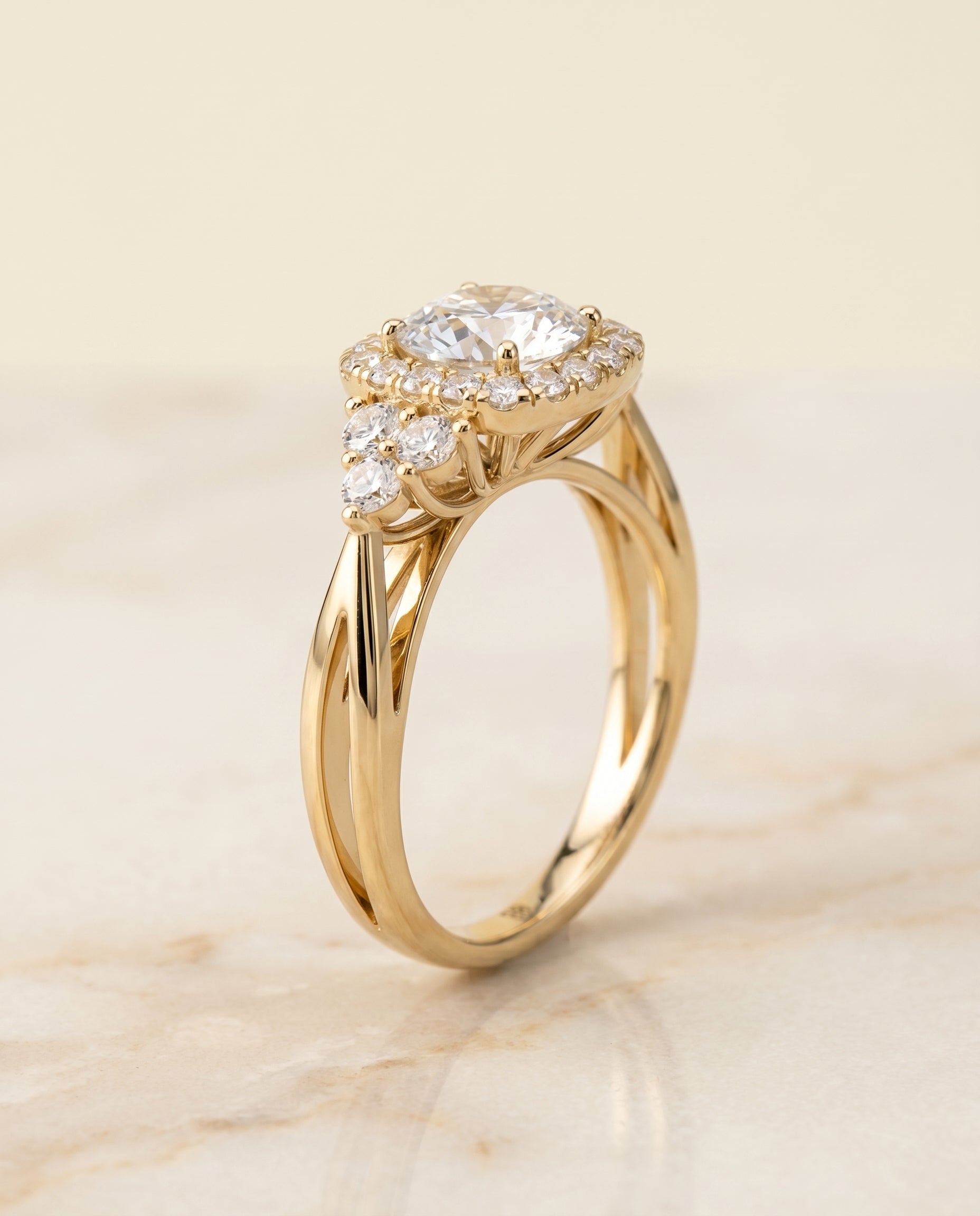 Melisma Select Open Twisted Triple Halo Round Lab Diamond Engagement Ring in 18K Yellow Gold, alternate angle | RockHer