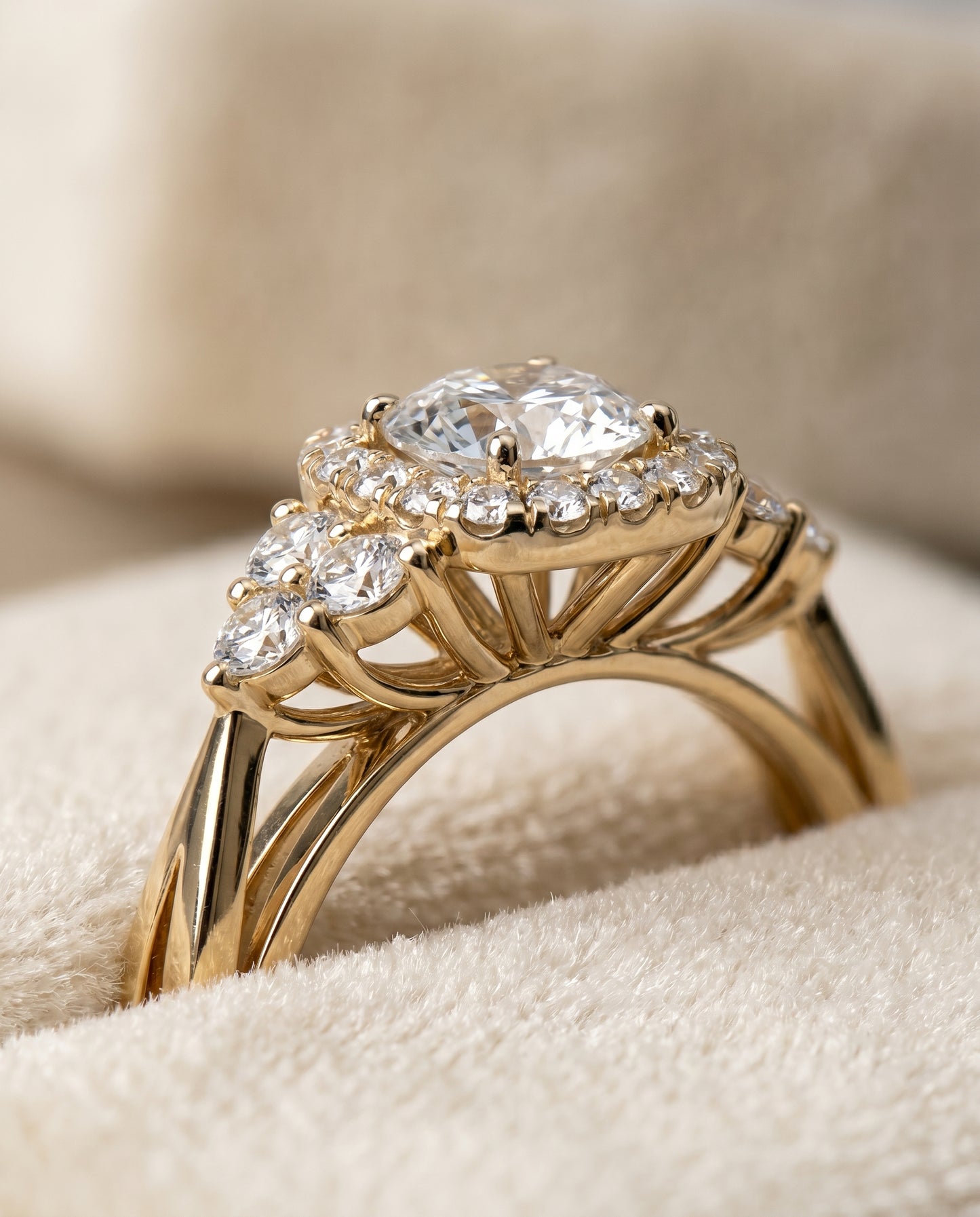 Round Brilliant, Open Twisted Triple Halo, in 18K Yellow Gold, pave setting – detail view | RockHer