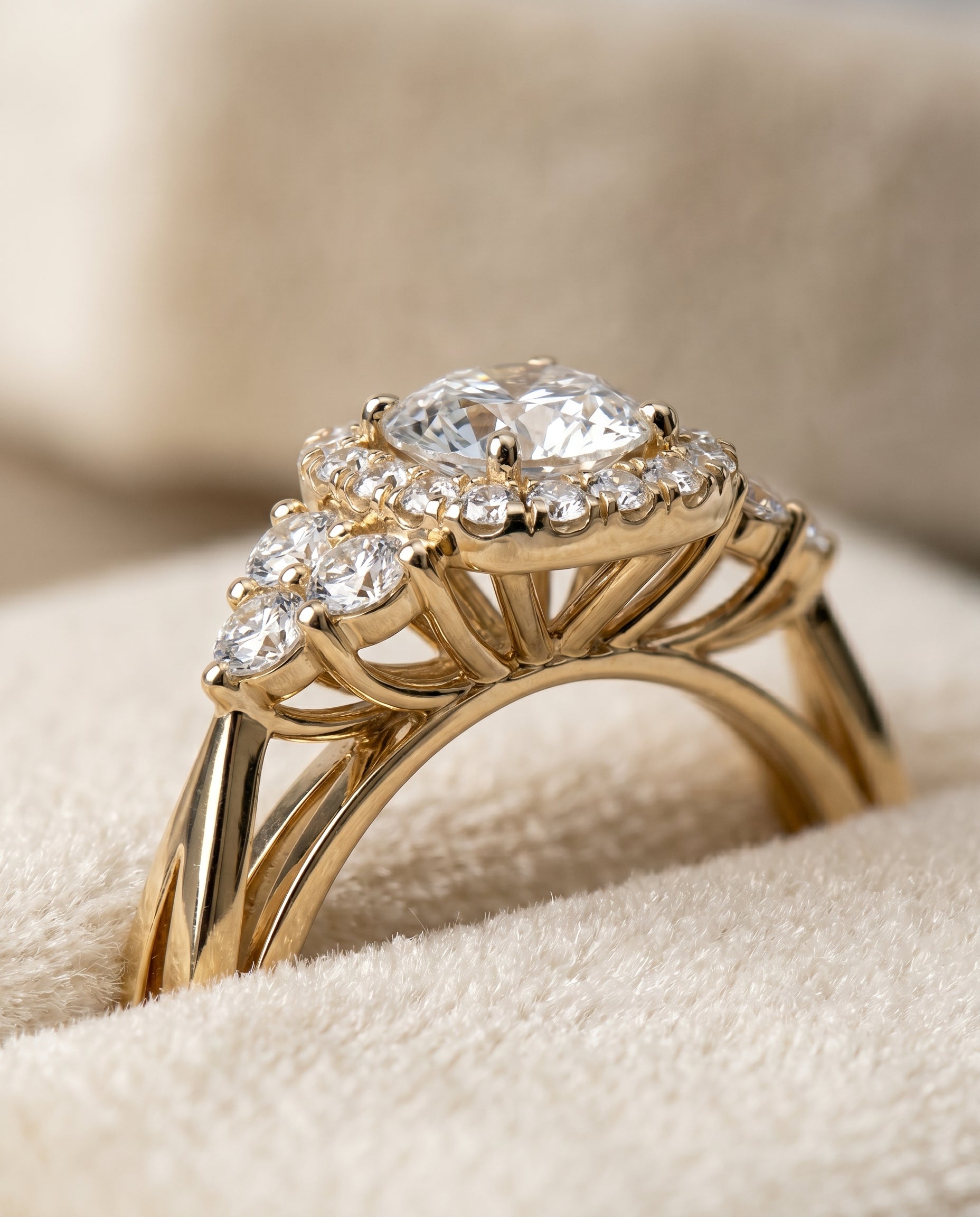 Melisma Select Open Twisted Triple Halo Round Lab Diamond Engagement Ring in 18K Yellow Gold, detail view | RockHer