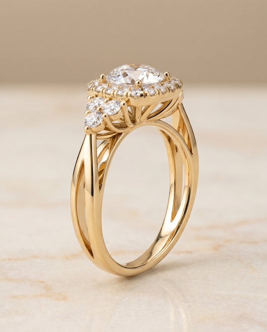 Round Brilliant, Open Twisted Triple Halo, in 18K Yellow Gold, pave setting – front view | RockHer
