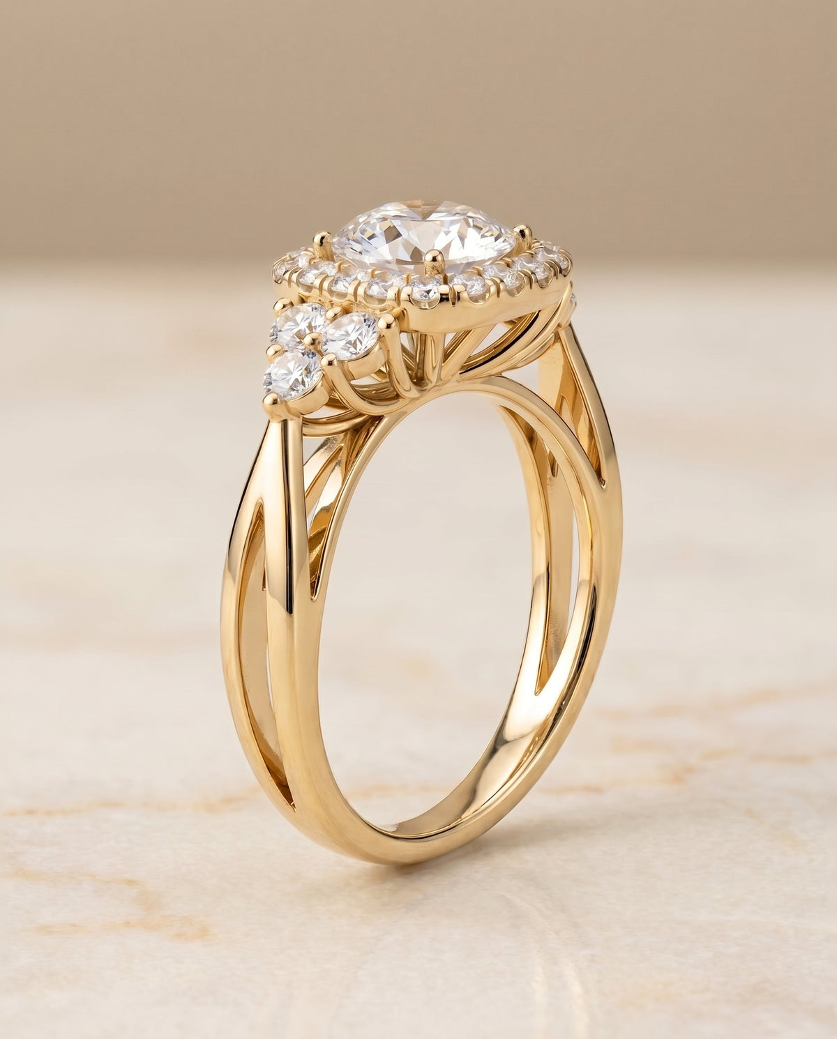 Melisma Select Open Twisted Triple Halo Round Lab Diamond Engagement Ring in 18K Yellow Gold, front view | RockHer