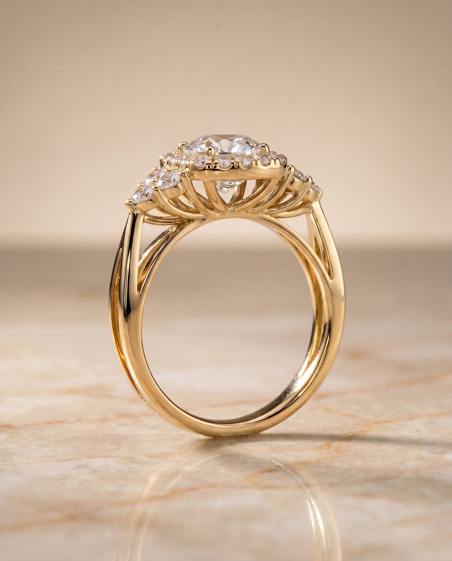 Melisma Select Open Twisted Triple Halo Round Lab Diamond Engagement Ring in 18K Yellow Gold, side view | RockHer